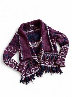 Anthropologie (MOTH) Burgundy Aztec Fringe Collared Cardigan Sweater Jacket